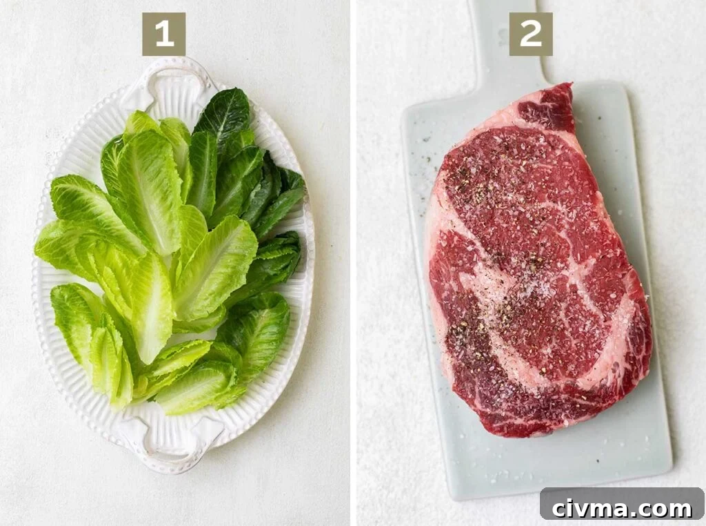 Prepping the romaine lettuce and seasoning the steak.