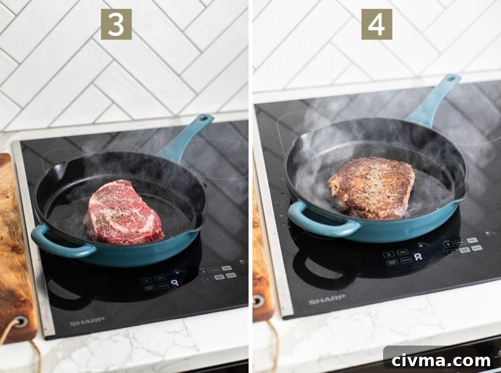 Shows how to preheat a skillet to a very hot temperature and then cooking the steak until it has a nice charred crust.