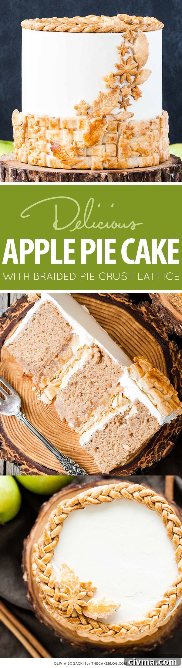 Apple Pie Cake with cinnamon, nutmeg, fresh apple pie filling, buttercream frosting, and braided pie crust lattice