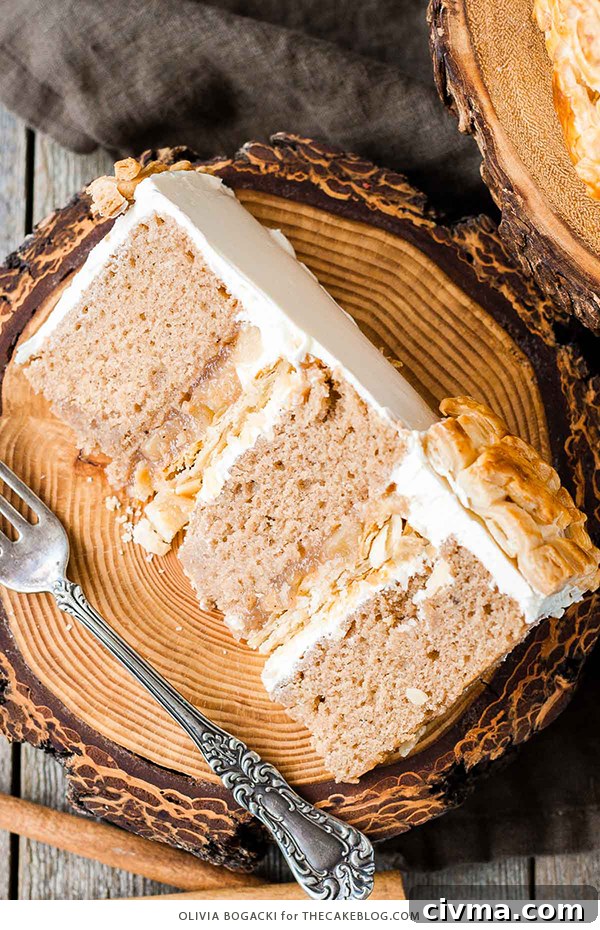 Apple Pie Cake with cinnamon, nutmeg, fresh apple pie filling, buttercream frosting, and braided pie crust lattice