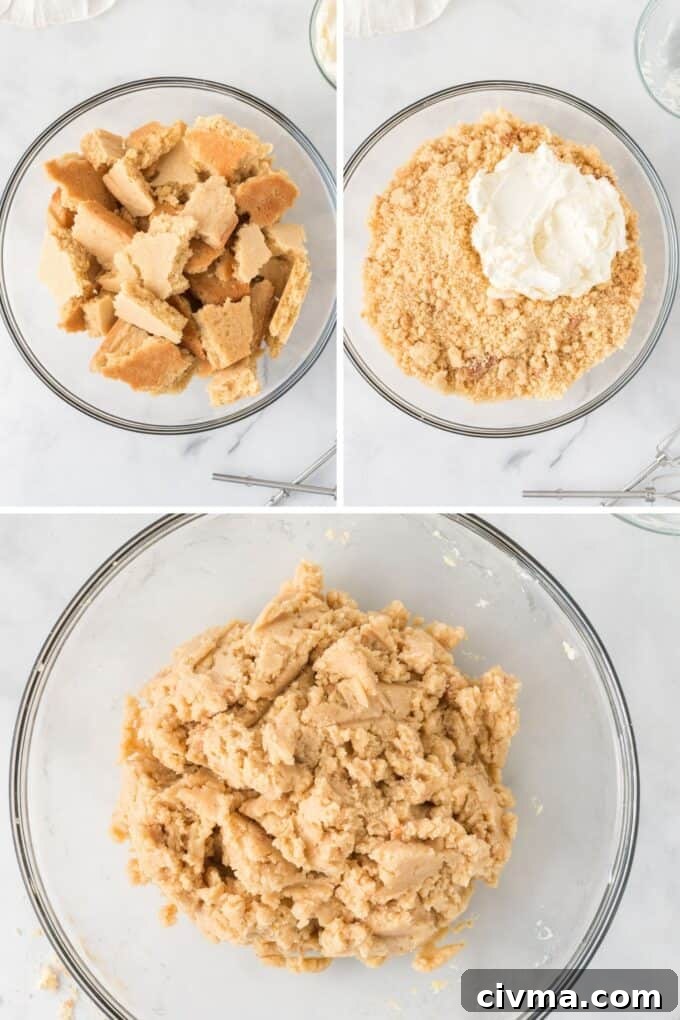 bowl of crumbled sugar cookie crumbs mixing with cream cheese