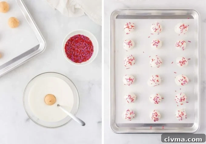 dipping sugar cookie Valentine truffles in white almond bark and topping with red and pink sprinkles