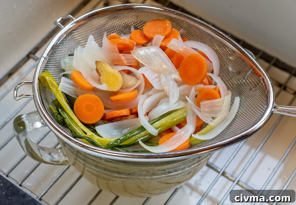 Spicy Chicken Noodle Soup Recipe 13 boiled vegetables and aromatics strained out of broth in strainer.