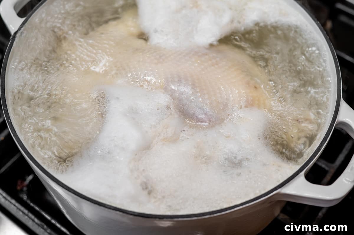 Spicy Chicken Noodle Soup Recipe 6 whole chicken in boiling water with foam forming.