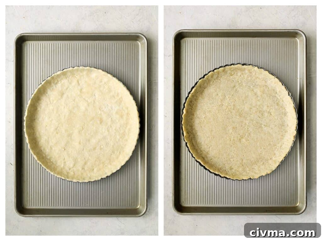 Photo of crust on baking sheet with one unbaked and the other baked.