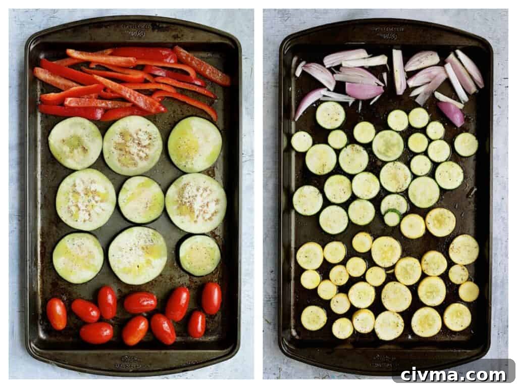 Photo of vegetables on two baking sheets side-by-side before being roasted.