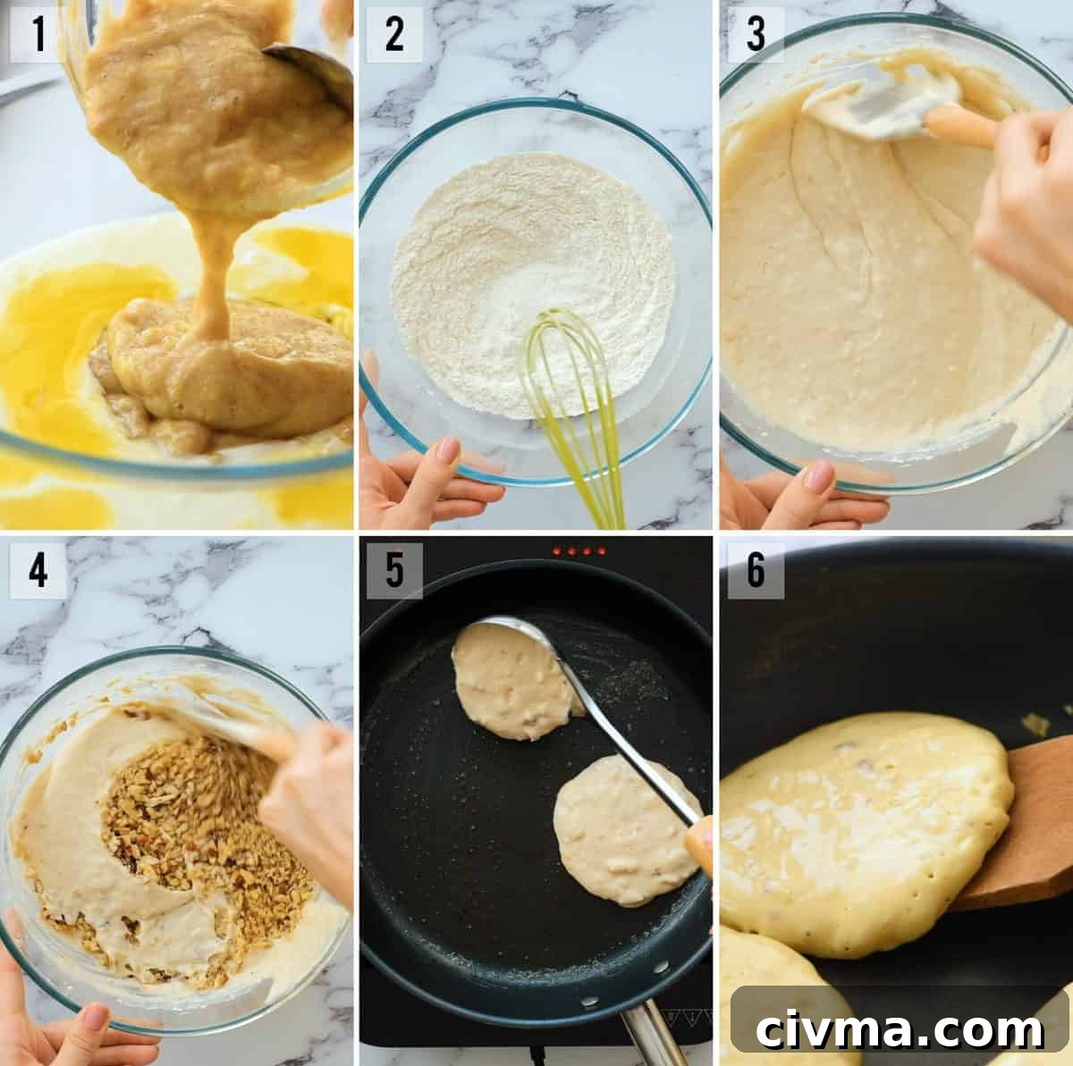 step by step photos of pancake recipe with banana and walnut