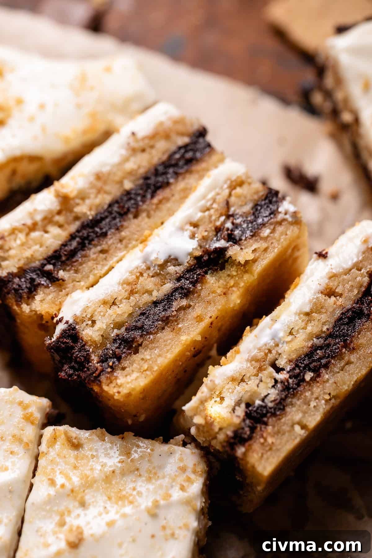 Soft Gooey Smores Cookie Bars Recipe 2 Smores bars on their sides in a row showing the chocolate filling and marshmallow frosting.