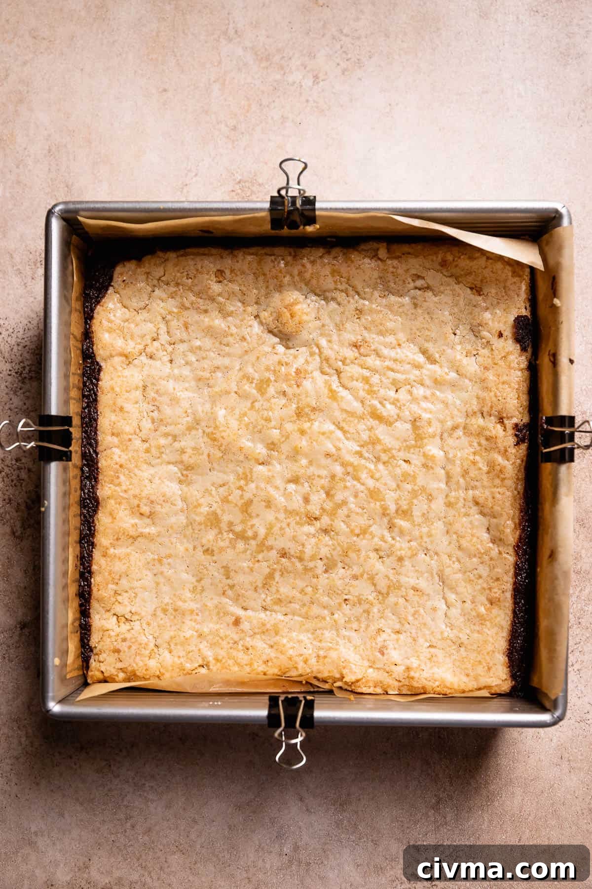 Soft Gooey Smores Cookie Bars Recipe 9 Baked smores bars in a metal baking pan with a lightly golden brown top.