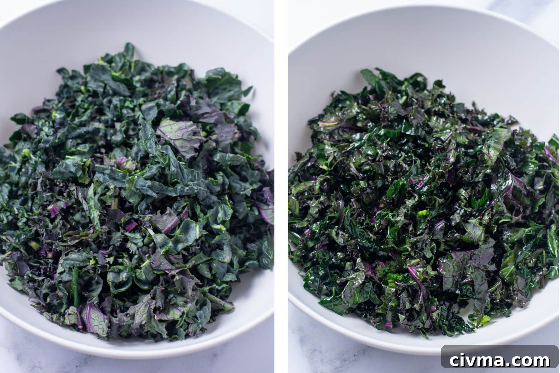 side by side of a bowl of kale. Left side is not massaged and right side is massaged with oil, lemon and salt