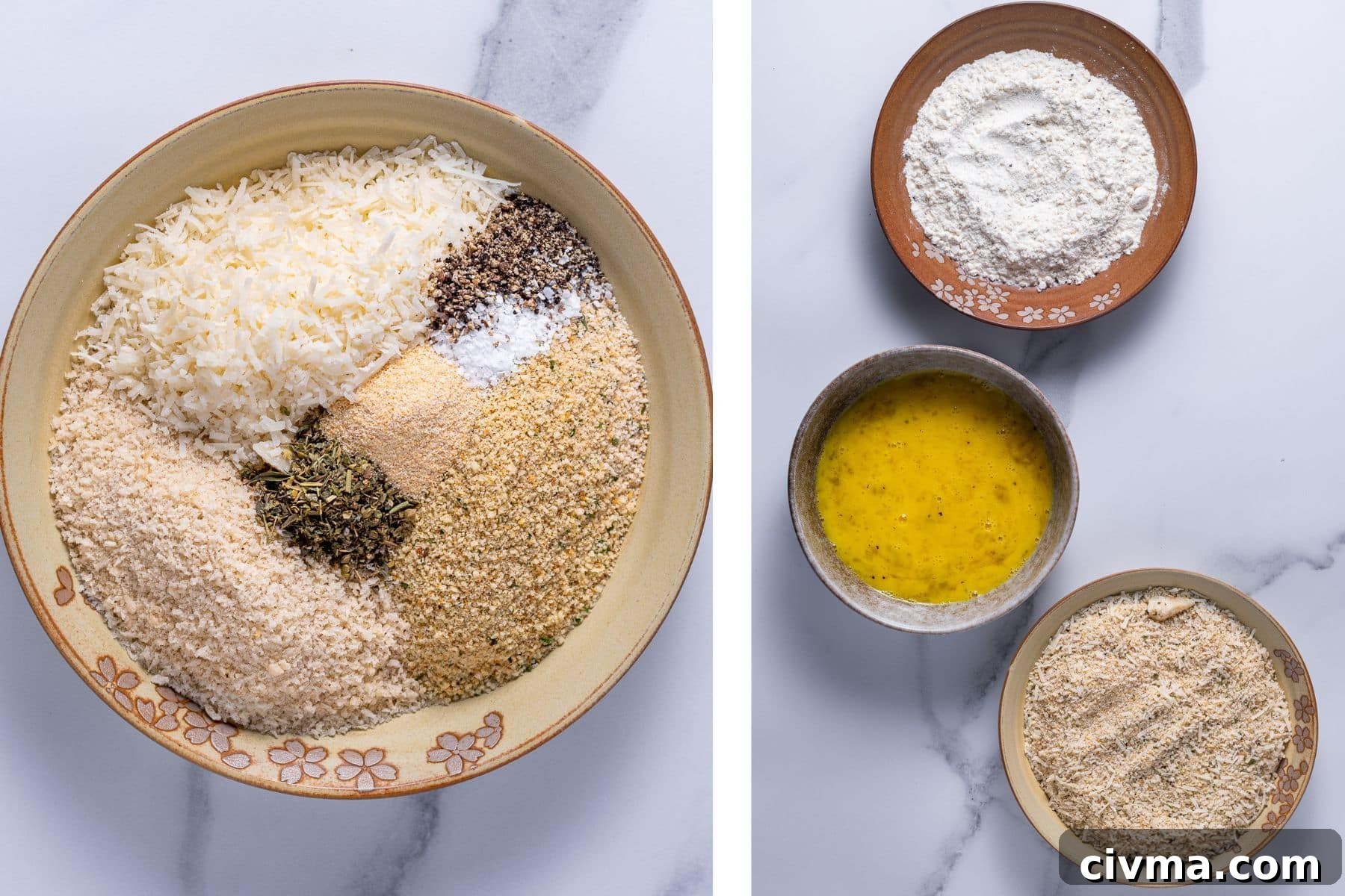 side by side picture of the dredging station. Left side features a bowl of the ingredients for the parmesan coating and right side features three bowls: one with flour, one with eggs and one with parmesan breadcrumbs