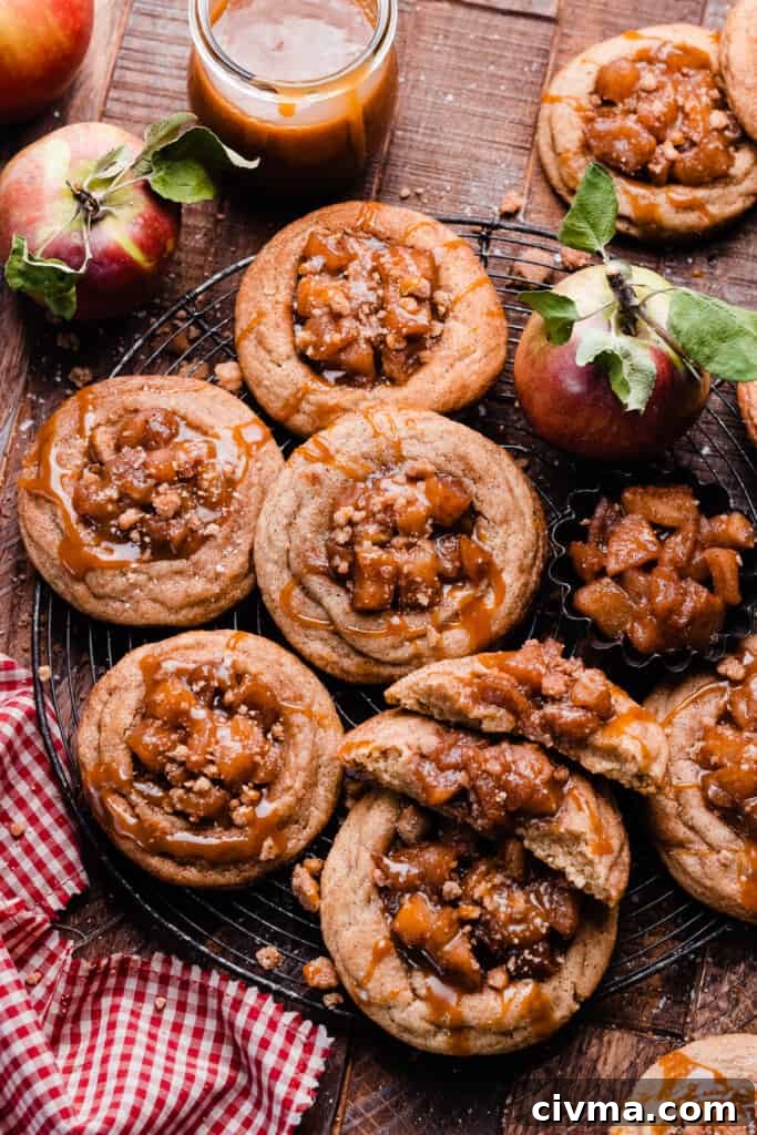 Salted Caramel Apple Pie Cookie Recipe 3 Apple pie cookies on a vintage tray, topped with streusel and drizzled with caramel.