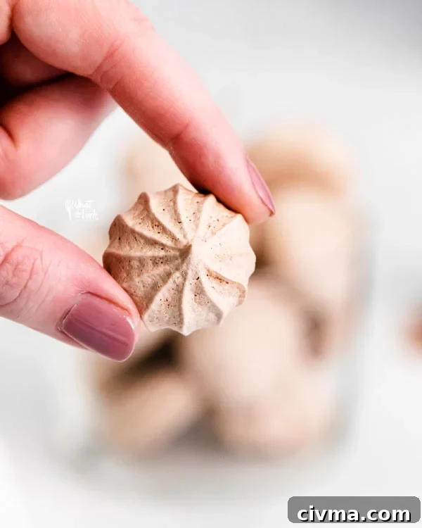 fingers holding a dark chocolate meringue cookie to show the top
