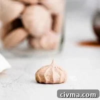 a single dark chocolate meringue cookie on a white surface with a cup full of cookies in the background