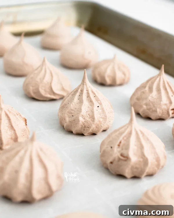 baked dark chocolate meringue cookies on a parchment lined sheet pan