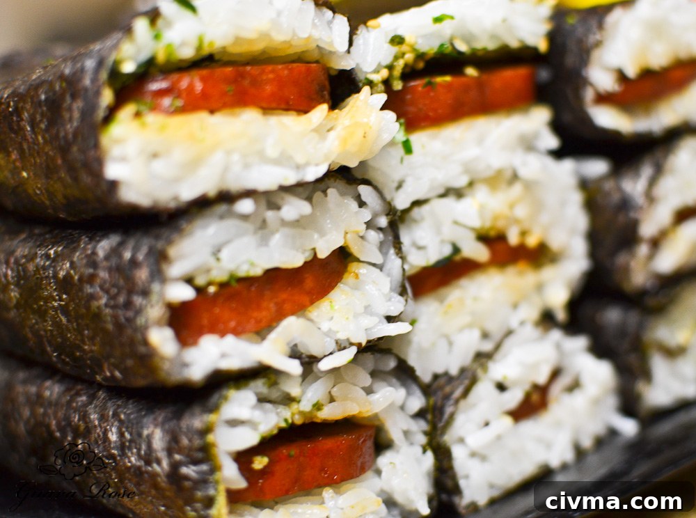 Stacks of spam musubi, angled view