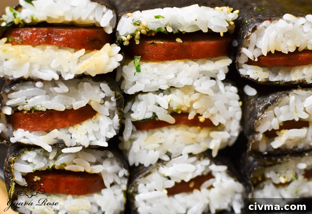 Stacks of spam musubi, front view