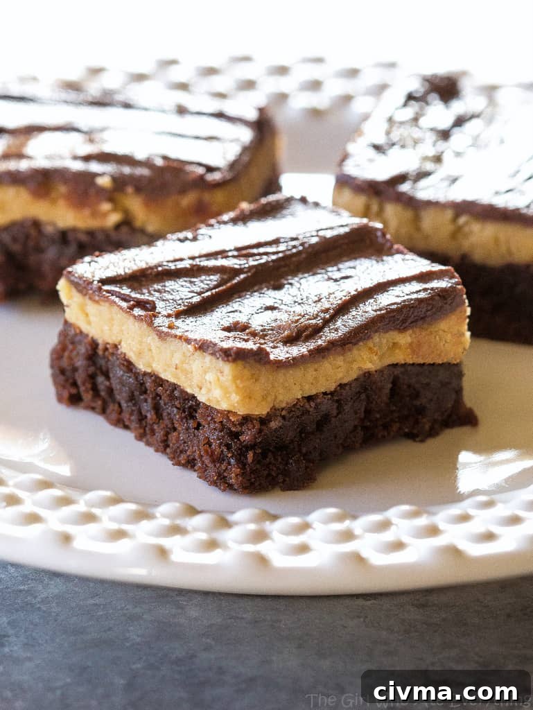 Fudgy Buckeye Brownies with Peanut Butter Filling 3 Buckeye Brownies on a plate