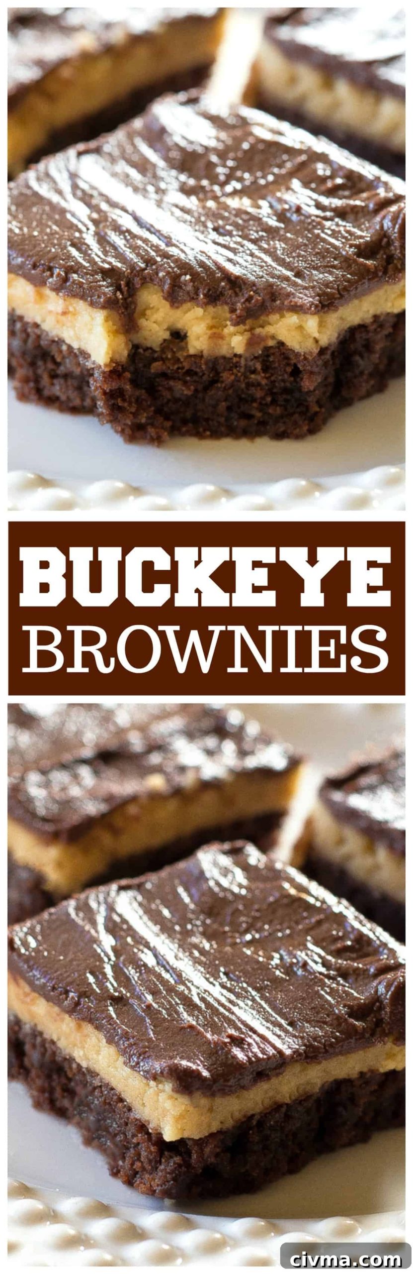 Fudgy Buckeye Brownies with Peanut Butter Filling 6 Buckeye Brownies with a rich brownie layer, a creamy peanut butter layer, and topped with another chocolate layer. The ultimate indulgence!