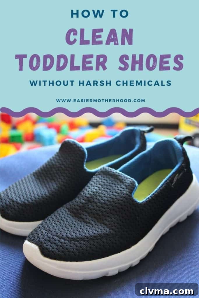 Cleaned toddler shoes sitting on a blue bin with colored blocks in the background. Text above the image reads 'how to clean toddler shoes without harsh chemicals'.