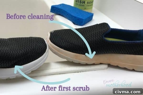 Toddler shoes before and after one scrubbing with dish soap. Shoes are on a utility sink counter with dish soap and a blue sponge in the background, and arrows indicating the cleaning status of the shoes.