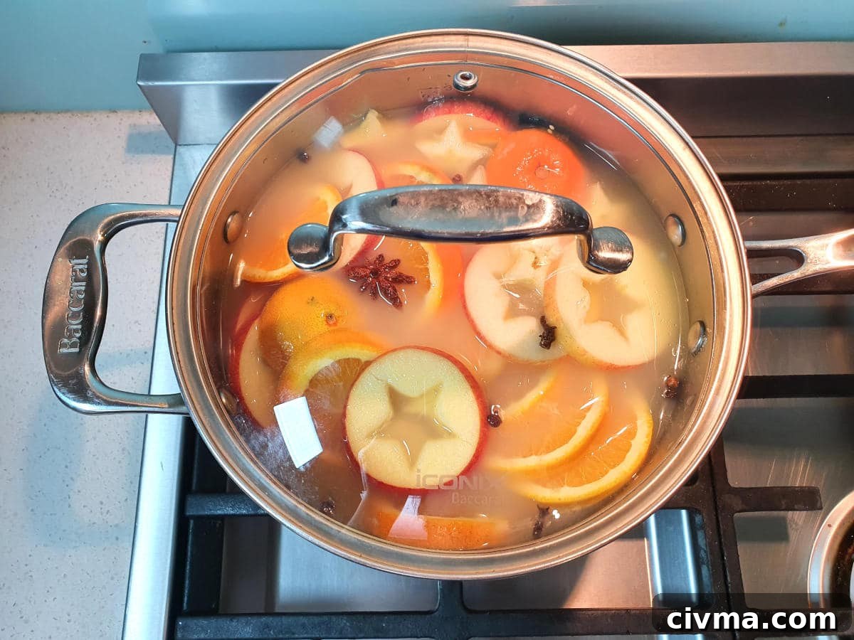 Simmering apple cider in pot with lid on.