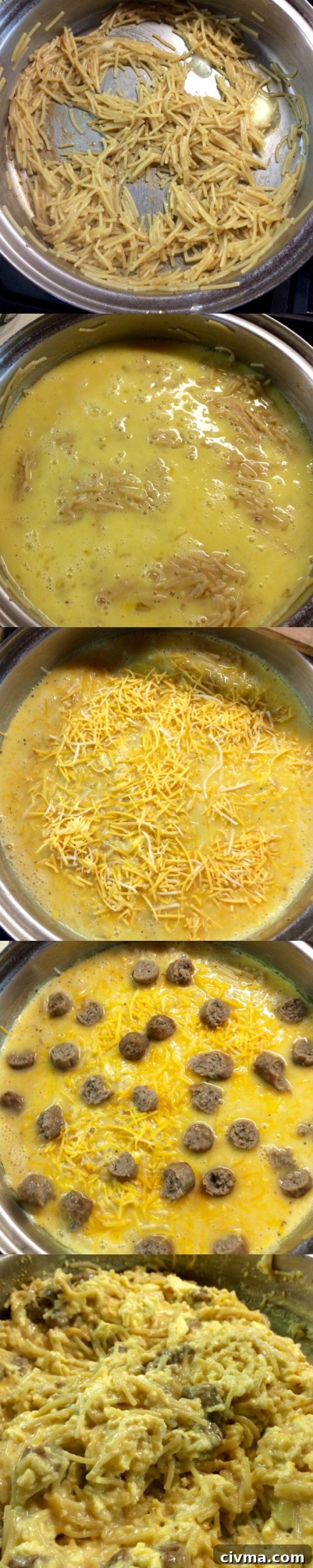 Spaghetti eggs cooking in a skillet with sausage and cheese