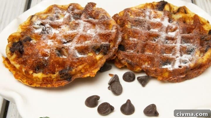 2 chocolate chip chaffles on white plate