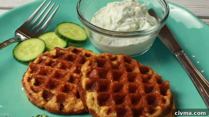 Butter chicken chaffles with sauce and cucumbers on a blue plate