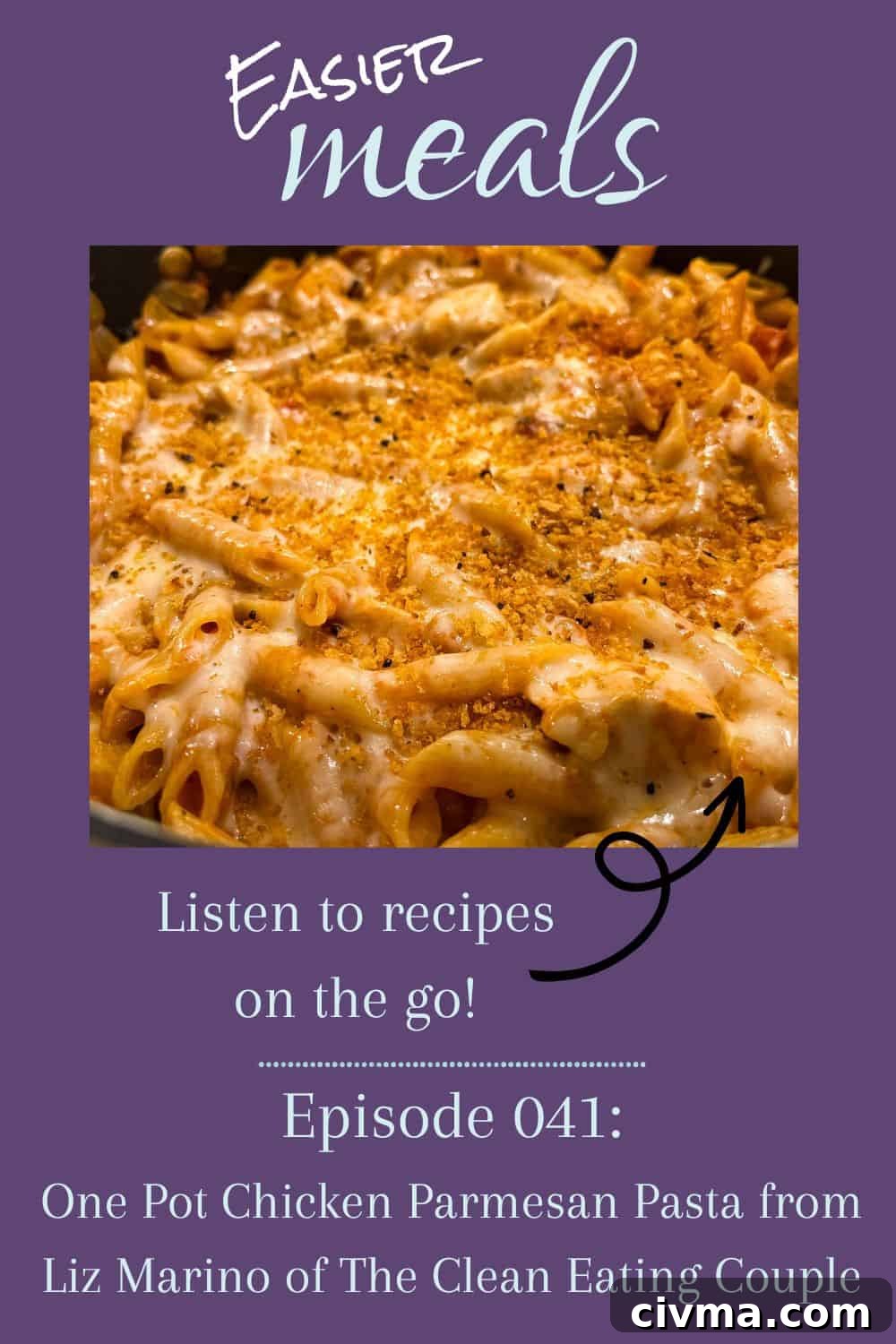A pot of cheesy pasta with toasted panko on top, with podcast name above, episode below.