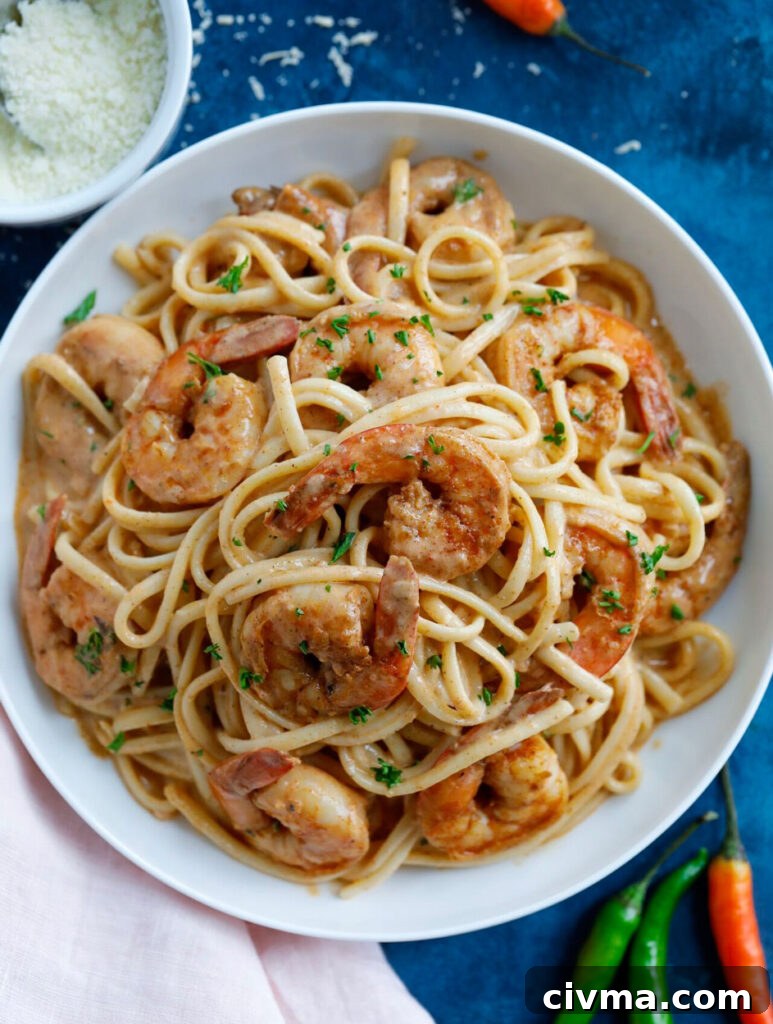 top down shot of Creamy Shrimp Cajun Pasta