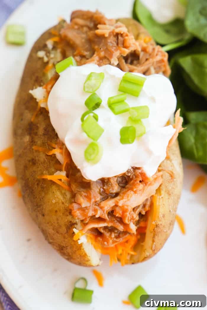 Top view of BBQ Pulled Pork Potato Skins with sour cream on top