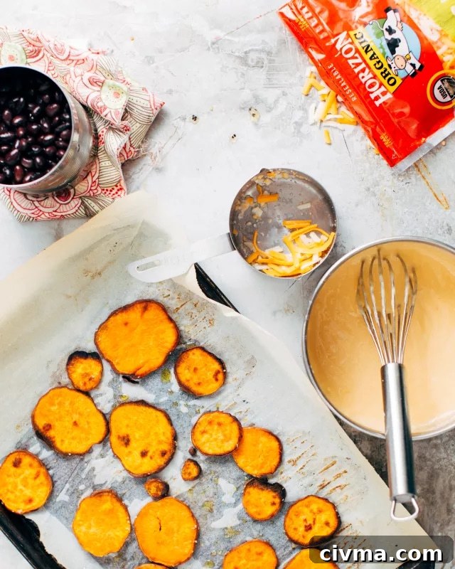 Close-up of sweet potato chips and nacho toppings