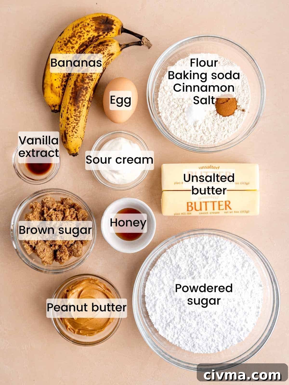 Ingredients needed to make a banana snack cake with frosting.