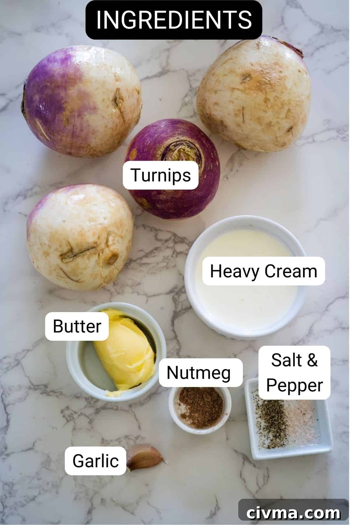 A list of ingredients for a roasted turnip gratin soup.