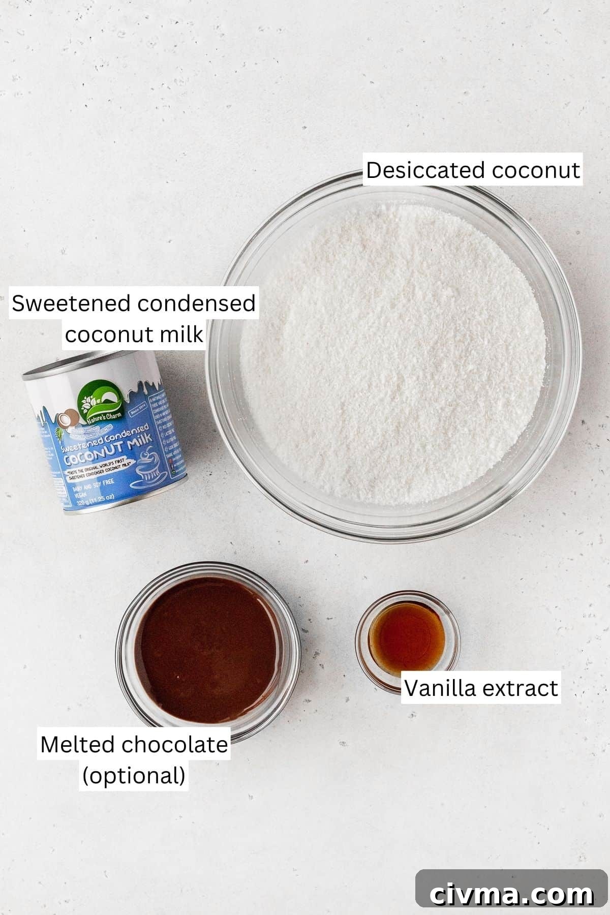Ingredients for making vegan macaroons measured into bowls.