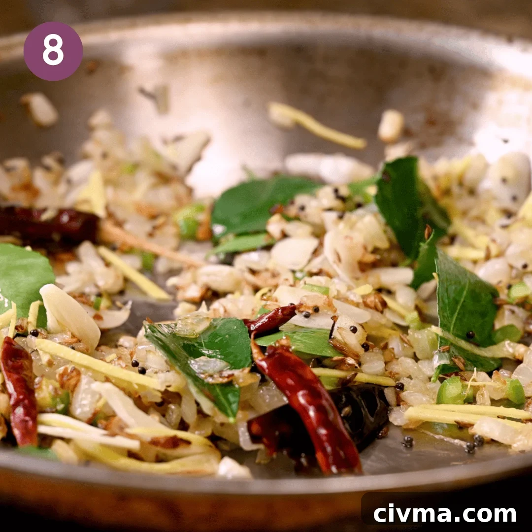 dried red chile peppers, curry leaves and asafoetida added to the aromatics.