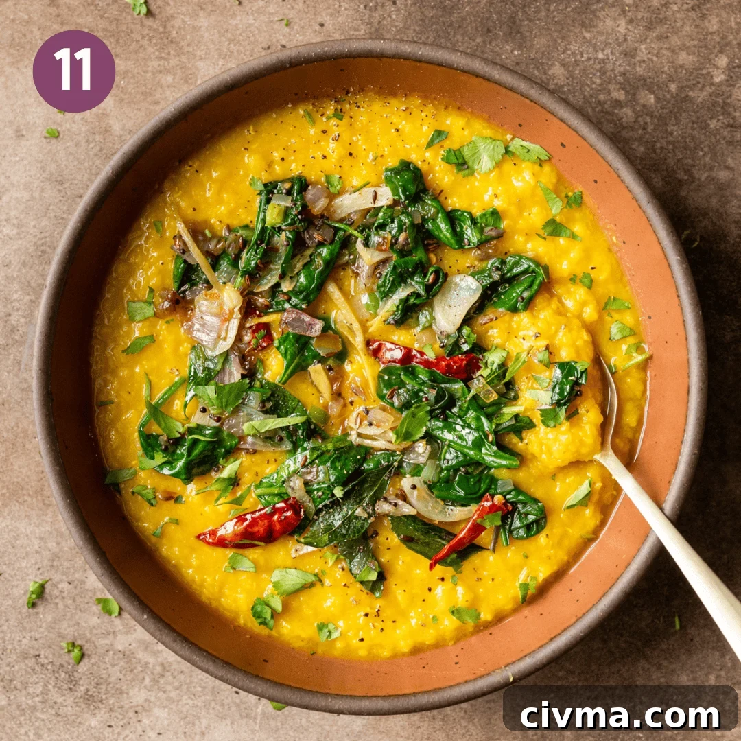 finished dal palak in a bowl.