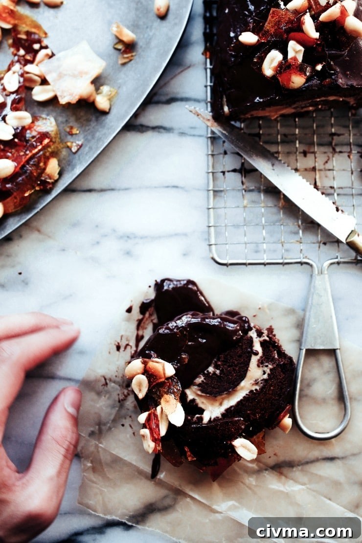 Slice of Chocolate Peanut Butter Swiss Roll Cake