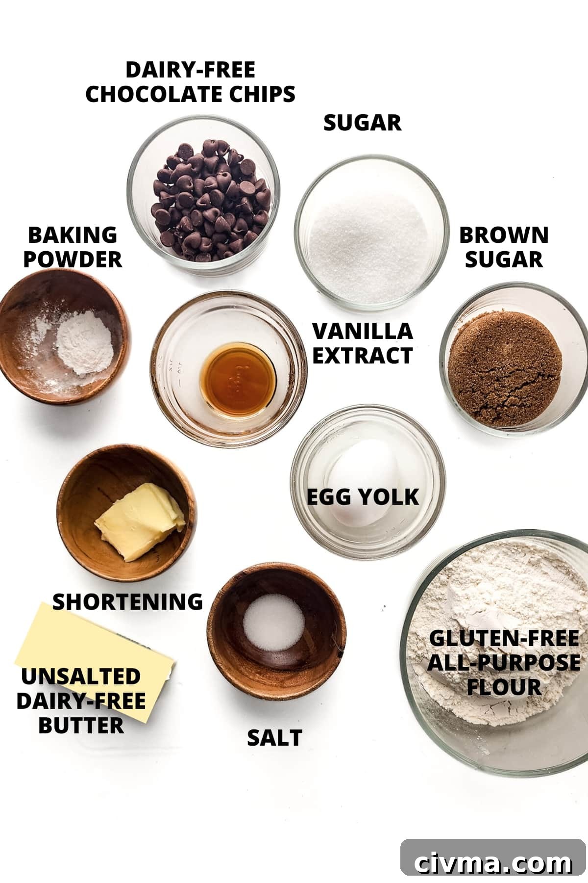 Ingredients for gluten-free dairy-free chocolate chip cookies recipe laid out on white board.