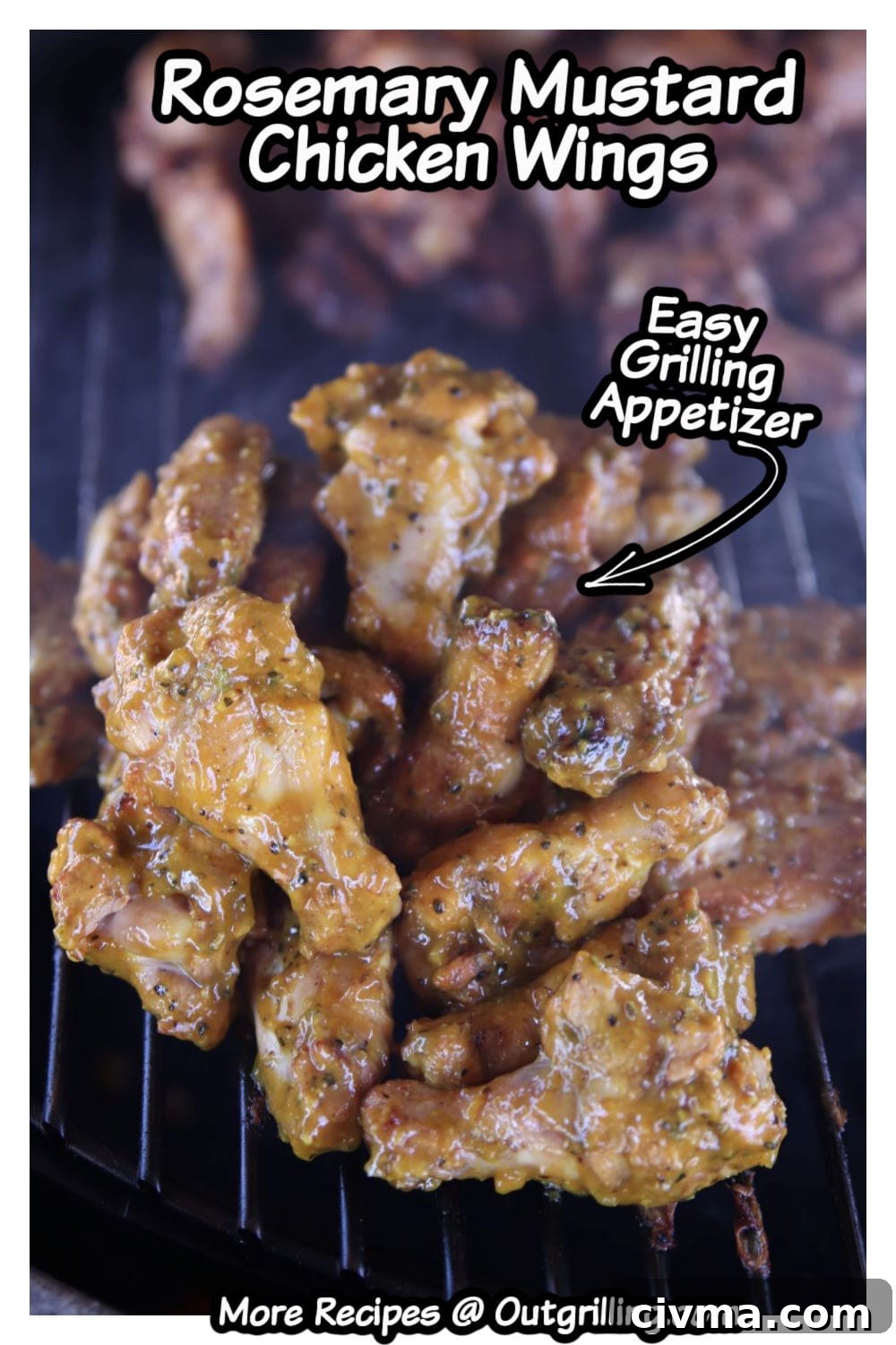 Rosemary Mustard Chicken Wings are an incredibly delicious appetizer to make on the grill. Hardwood smoked and slathered with our homemade rosemary mustard sauce. Rosemary Mustard Chicken Wings on grill with text overlay