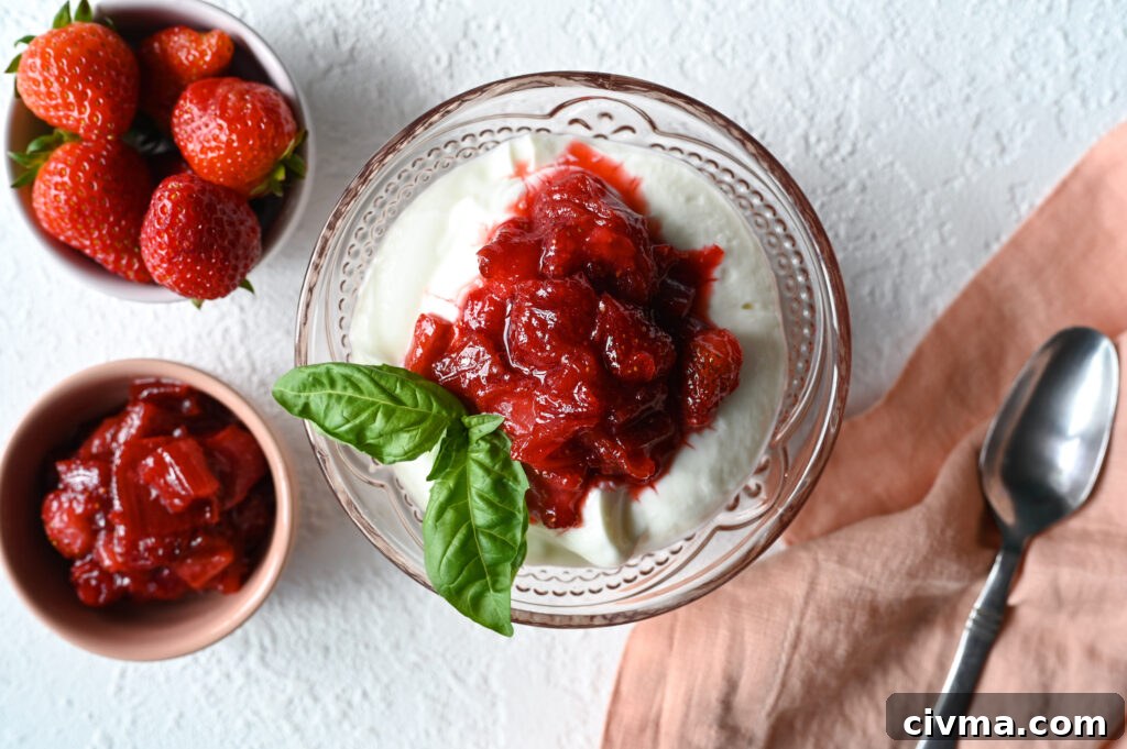 A delicious sweet and tart compote made from fresh strawberry and rhubarb.