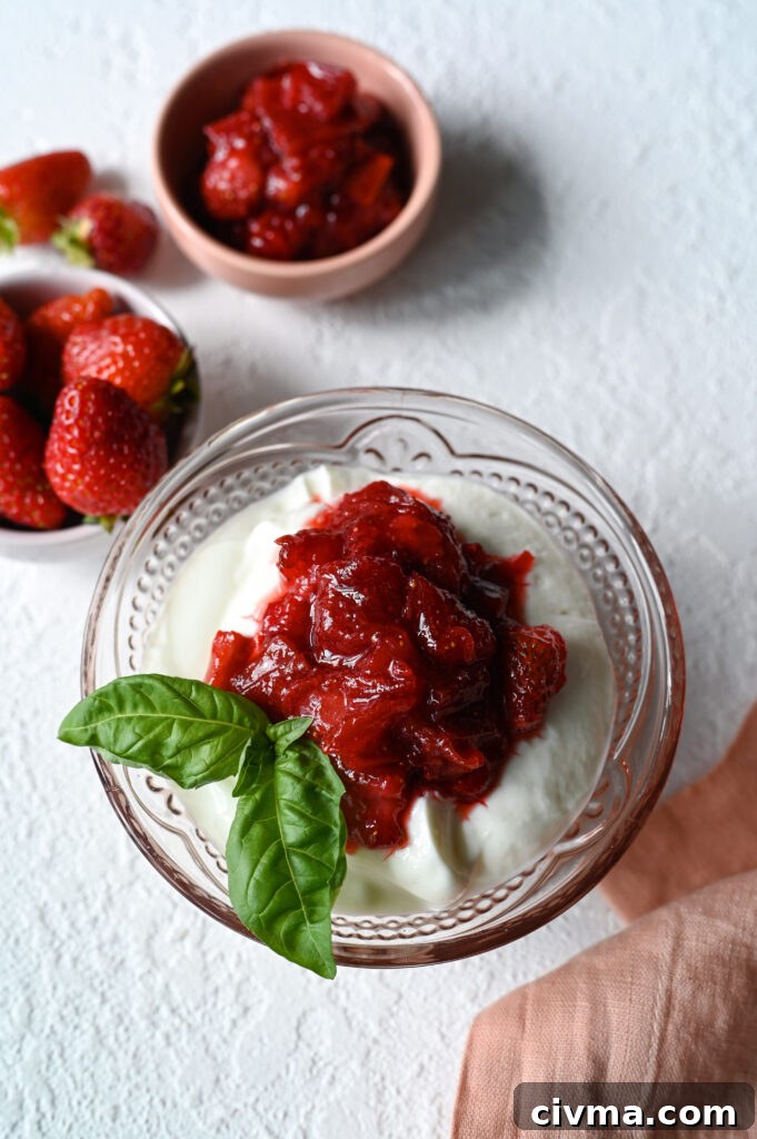 A delicious sweet and tart compote made from fresh strawberry and rhubarb.