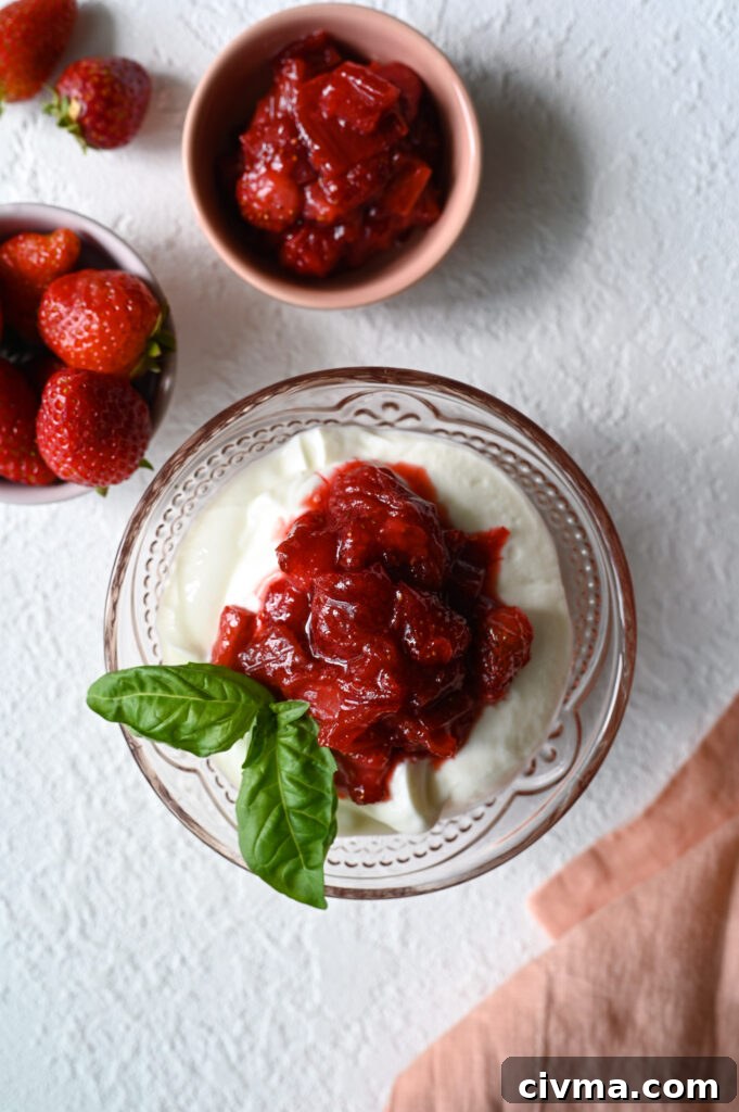 A delicious sweet and tart compote made from fresh strawberry and rhubarb.