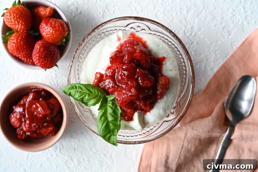 A delicious sweet and tart compote made from fresh strawberry and rhubarb.