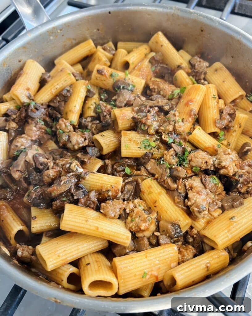 Rigatoni Boscaiola Recipe: Creamy Mushrooms and Sausage 6 Finished rigatoni boscaiola in pan.