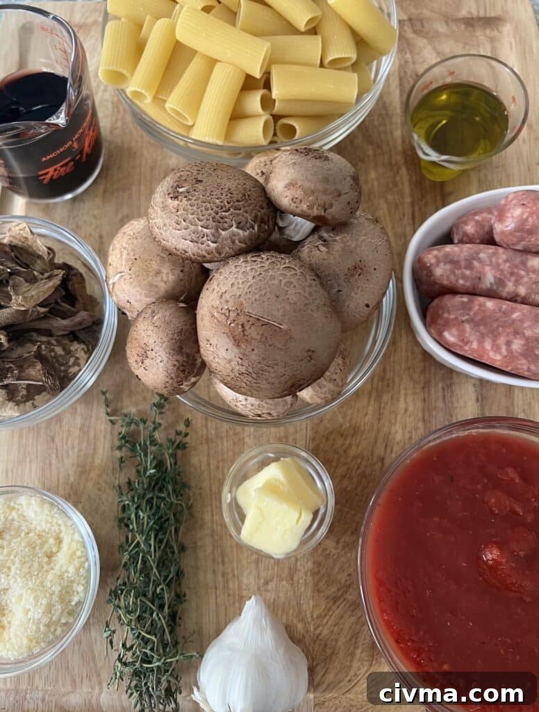 Rigatoni Boscaiola Recipe: Creamy Mushrooms and Sausage 4 Ingredients for rigatoni boscaiola.