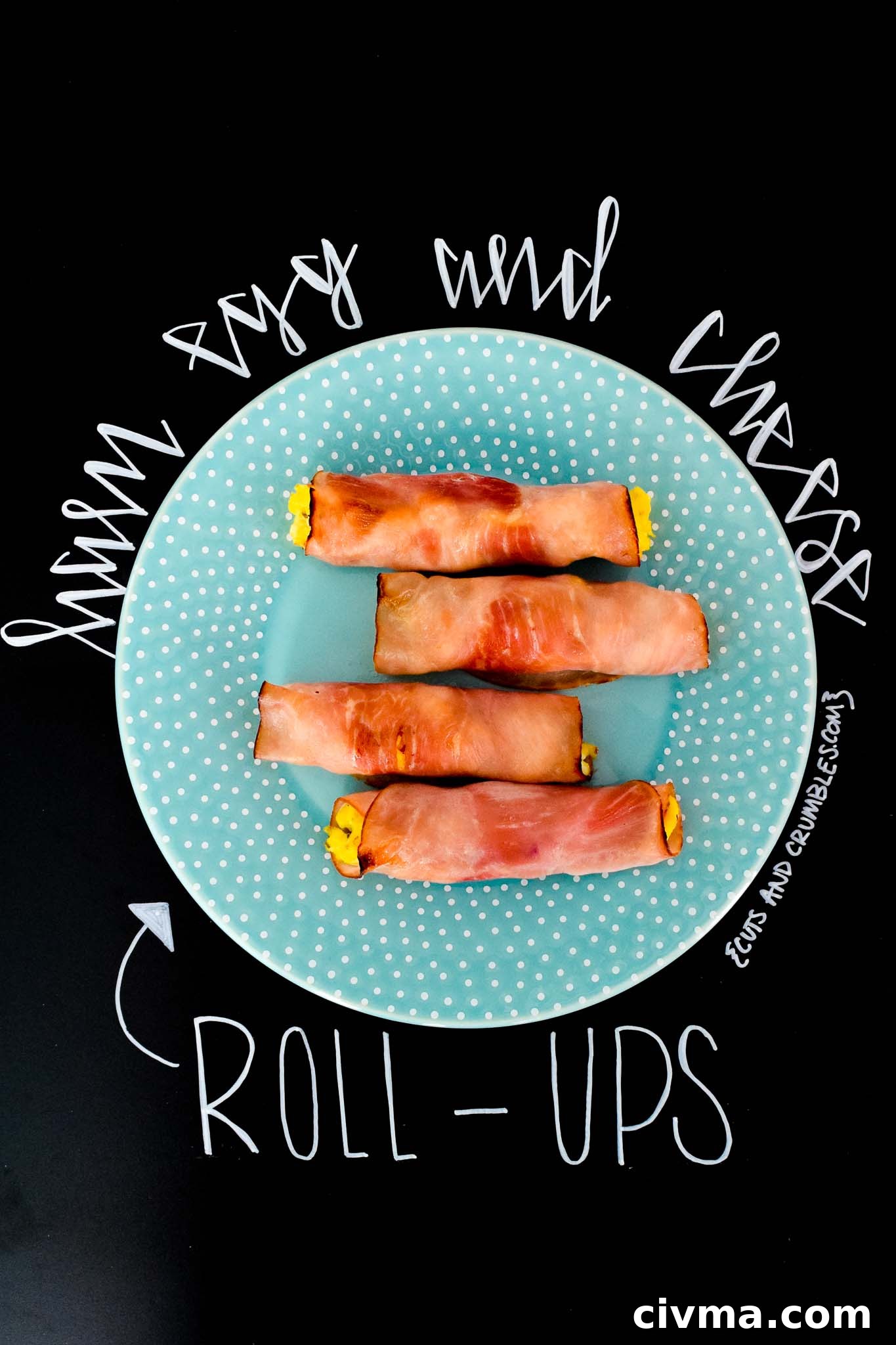 Ham Egg and Cheese Roll Ups Recipe 2 Ham Egg and Cheese Roll-Ups on blue plate with title written on chalkboard