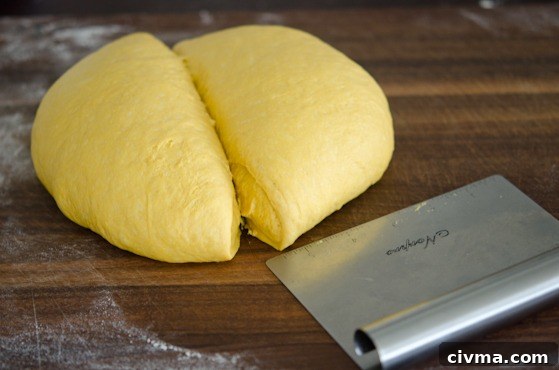 Pumpkin dinner roll dough divided into half.