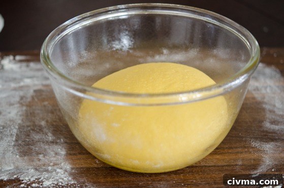 Pumpkin dinner roll dough placed in a bowl to let it rise.
